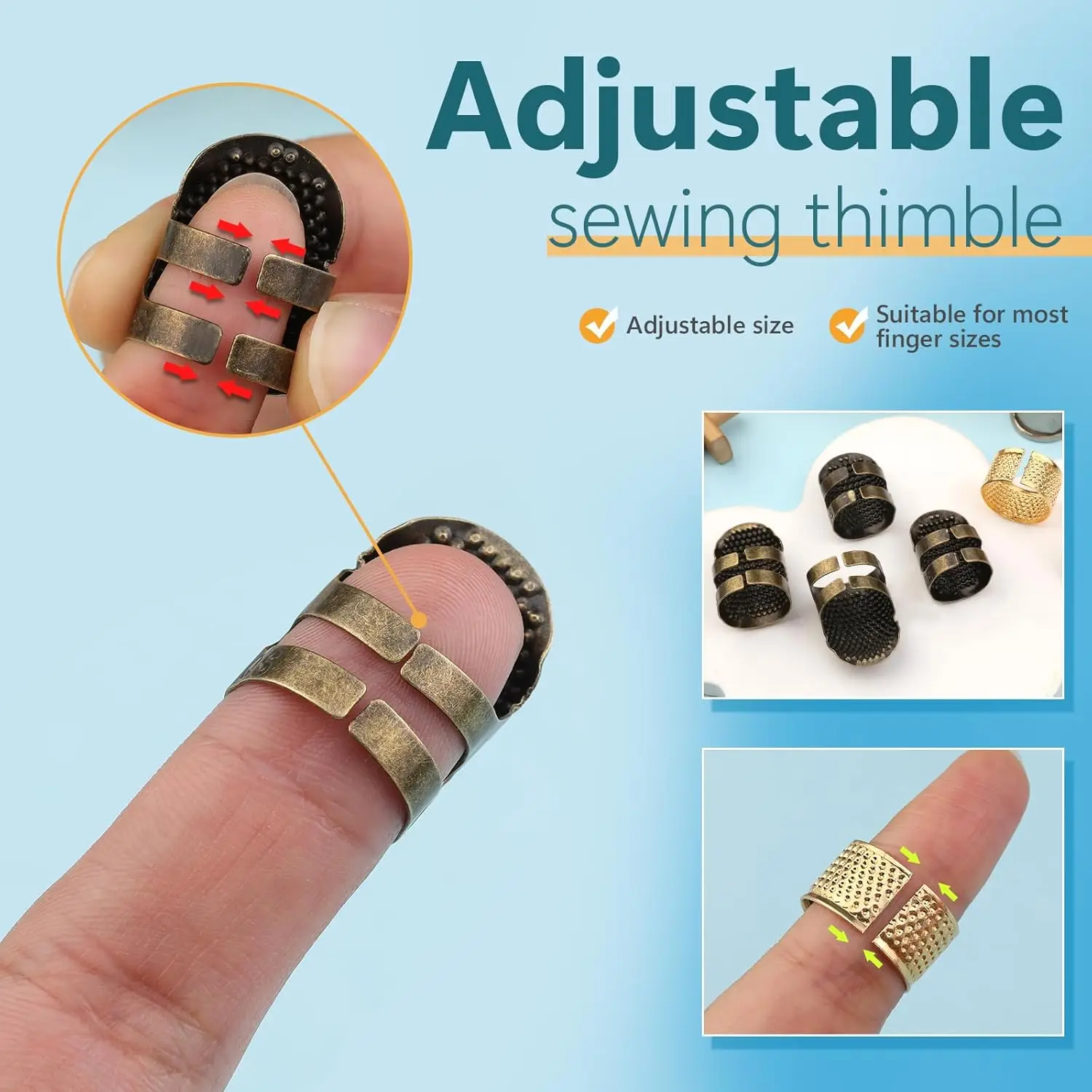 8PCS Sewing Thimble Kit for Hand Sewing Metal Finger Protectors, Thimble Ring for Hand Quilting and Embroidery DIY