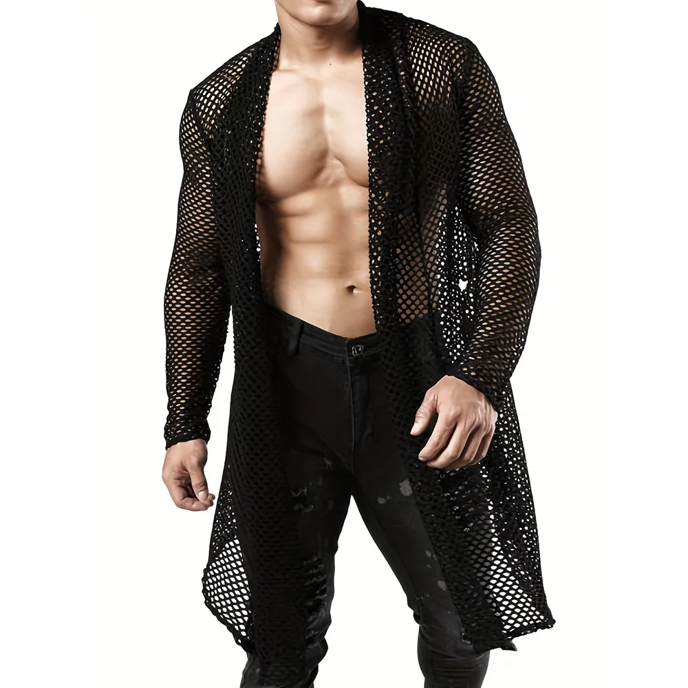 Mens Cape Hollow Perspective Sexy Outerwear Cape Streetwear Trend Punk Style Dj Nightclub Long Sleeve Shirt Men'S Clothing 2024