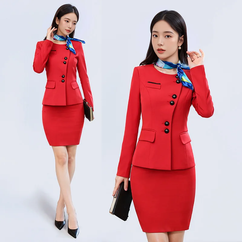 

Красный элегантный элитный женский костюм, юбка, рабочая одежда для официанта в отеле, униформа для стойки регистрации, профессиональный комплект одежды