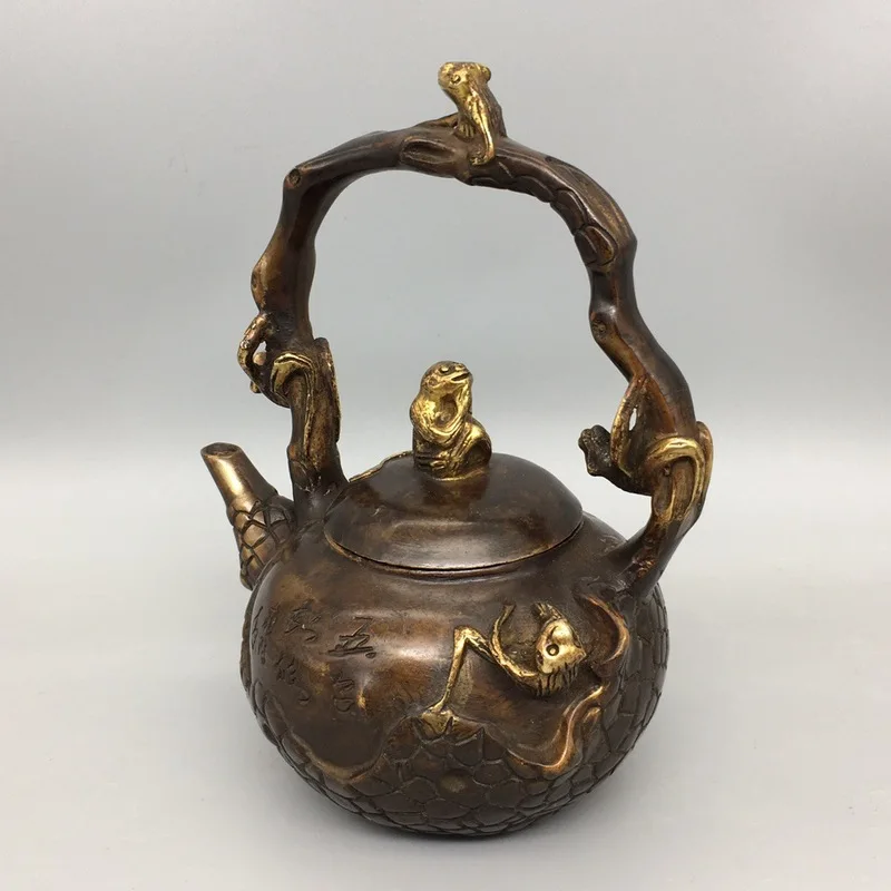 Antique Collection: Vintage Bronze Gilt Embossed Dragon and Phoenix Wine Flask with Handle, Home Tea Ceremony Craft Gift