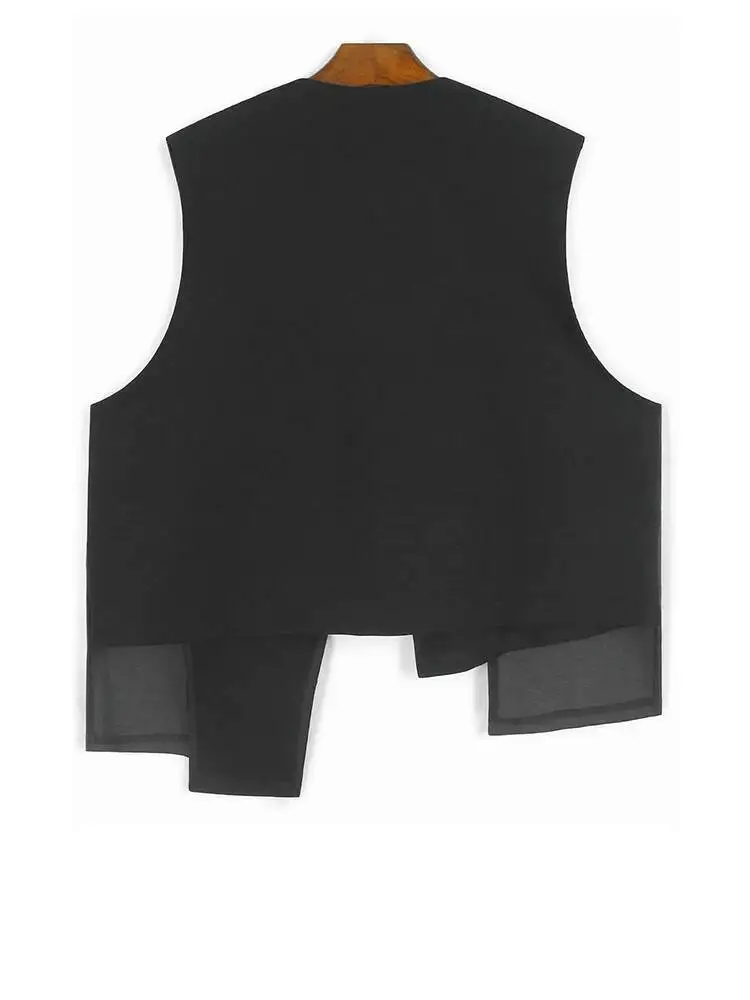 Gilet da donna di grandi dimensioni con cerniera sull'orlo irregolare color block nero Nuovo colletto a V senza maniche Moda marea Primavera Autunno