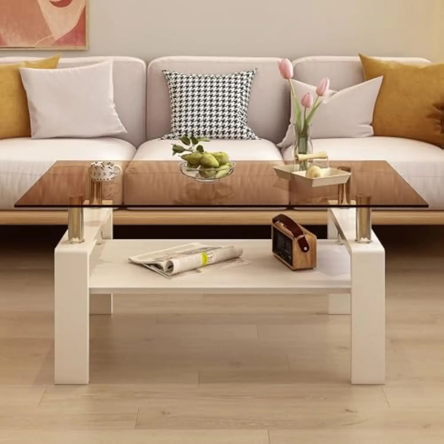 

Modern Rectangle Glass Coffee Table for Living Room, 2-Tier End Table with Smoked Tempered Glass, Wooden Lower Shelf, Stainless