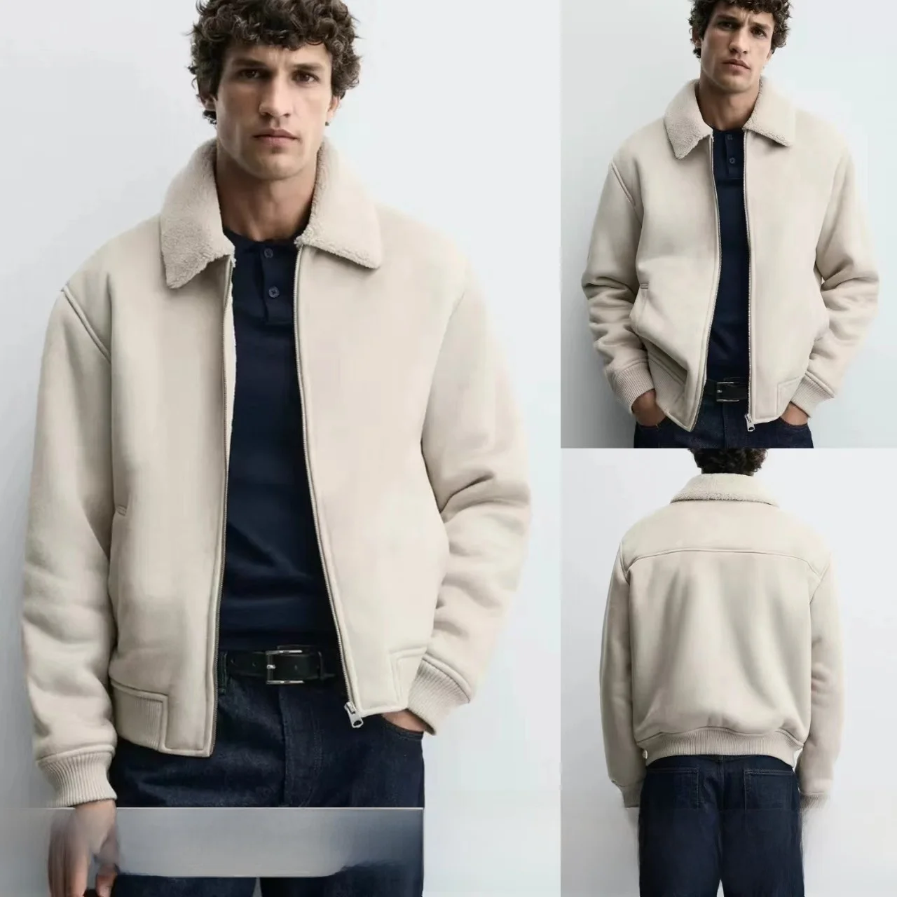 

New Men's Faux Suede Texture Effect Patchwork Jaet Leather Fur Inteated Casual Sle Stand Fit Long Sve Zipper Closure