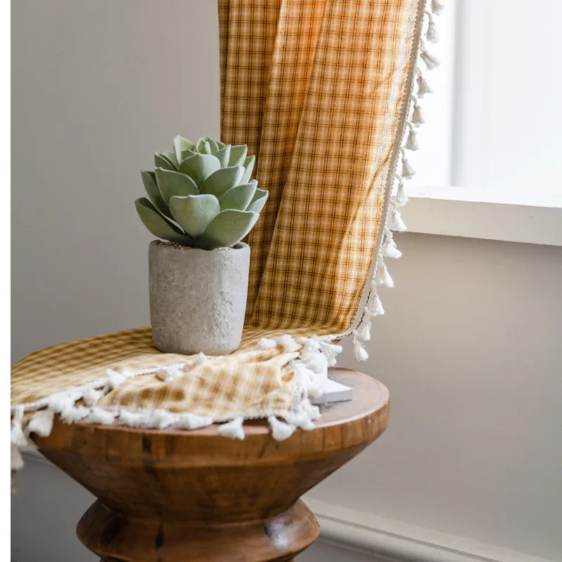 Yaapeet Yellow Plaid Curtains Whith Tassel Cotton Linen Drapes for Living Room Girl Bedroom Window Decorative Valance