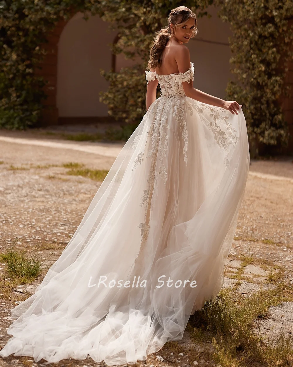 LRosella-Robe de mariée à épaules dénudées avec train de balayage, tulle à manches courtes, ligne A, style exquis élégant, luxe, 2024