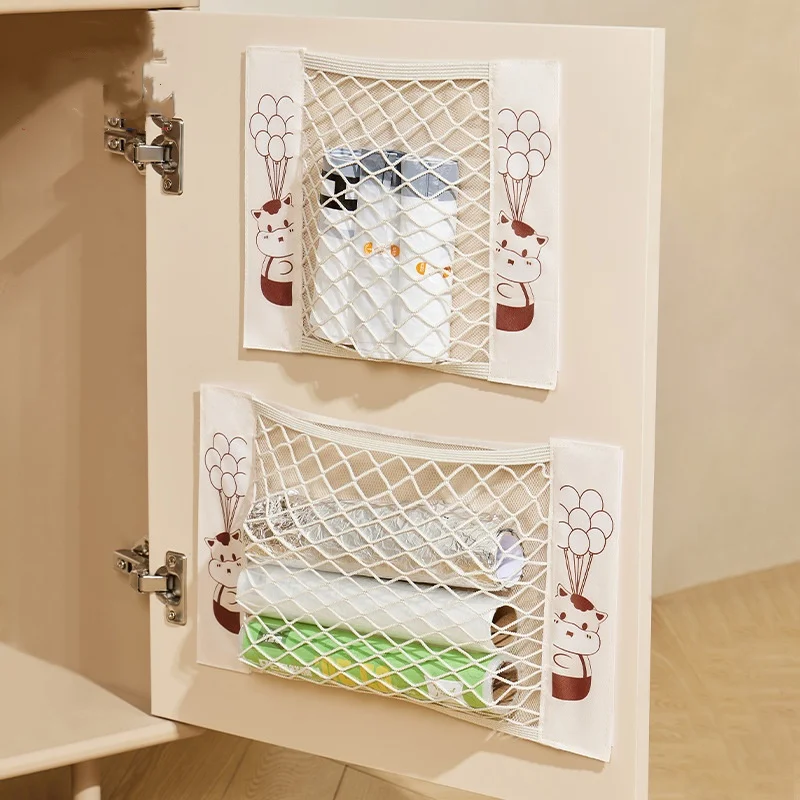 

Cute Kitchen Rubbish Bag Organiser Velcro Mesh Pockets Without Perforation Household Wall-mounted Shelves Plastic Storage Bags