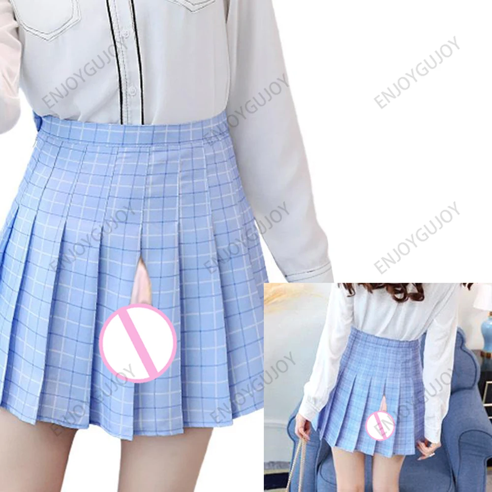 High Waist Pleated Short Skirt, Invisible Open Crotch, Outdoor Sex Uniform, College Style, Slim Fit, Casual Half Length Skirt