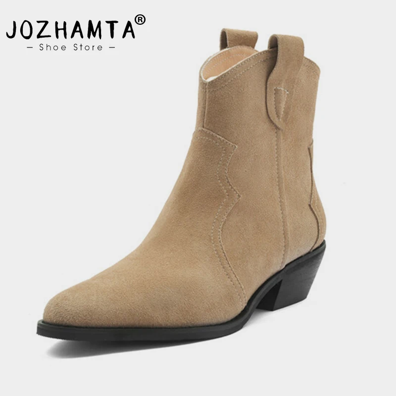 JOZHAMTA Size 32-44 Cow Suede Leather Western Short Boots For Women Autumn Winter Office Ladies Casual Shoes Woman News