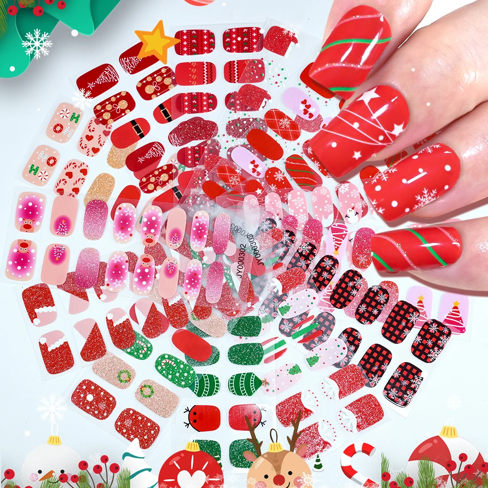 16 puntas autoadhesivas con purpurina navideña, pegatina para esmalte de uñas con copos de nieve, pegatinas de envoltura completa para árbol de Navidad, deslizador de manicura de Año Nuevo