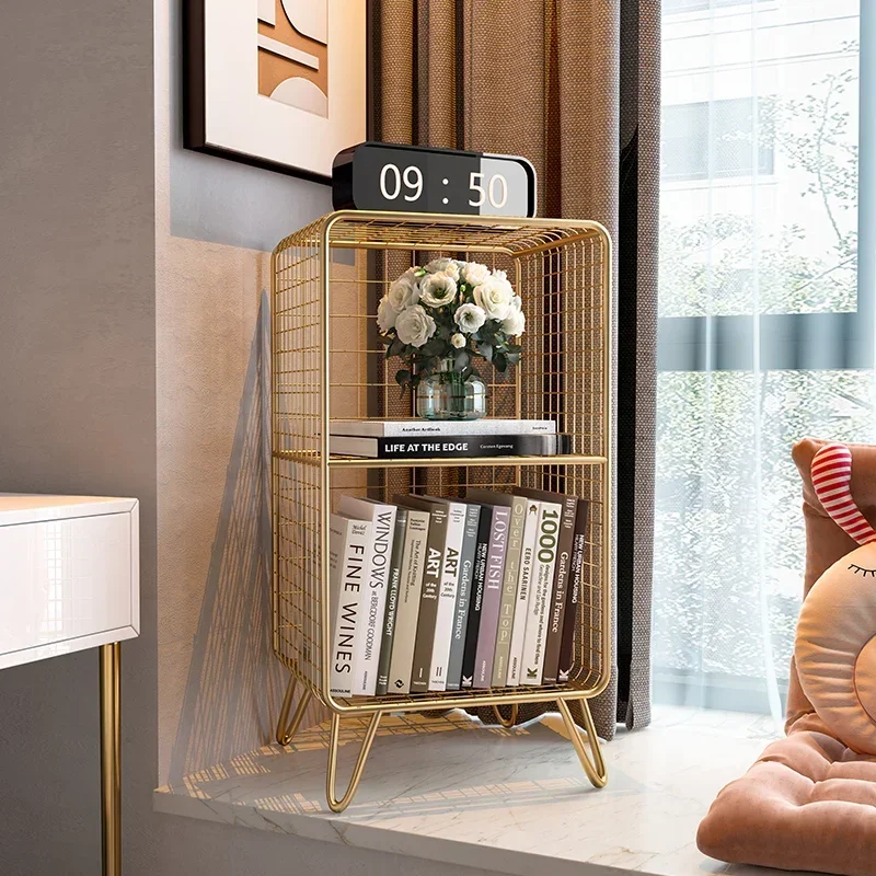 Gold Trimmed Leg Bedside Cabinet, Multi-functional Book Storage Shelf for Living Room, Modern Minimalist Industrial Style