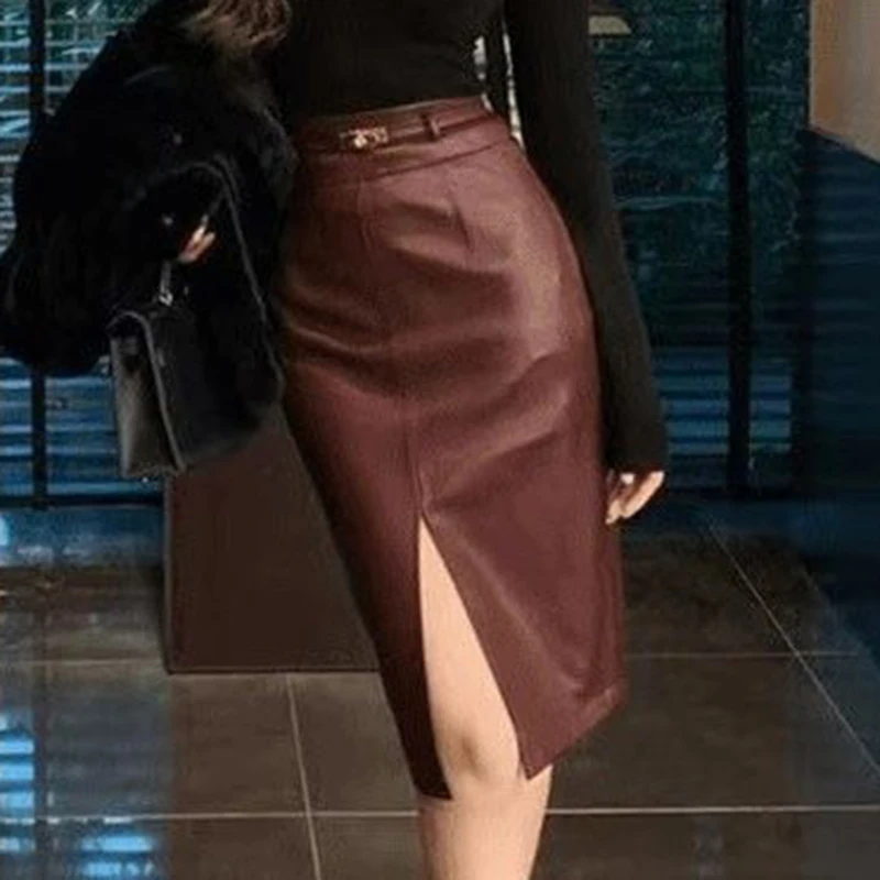 Koreanische Sexy Bodycon Schlank Rock Frauen Hohe Taille Gürtel Schlitz Midi Rock Pendler Elegante Solide Klassische Einfache Büro Dame Rock