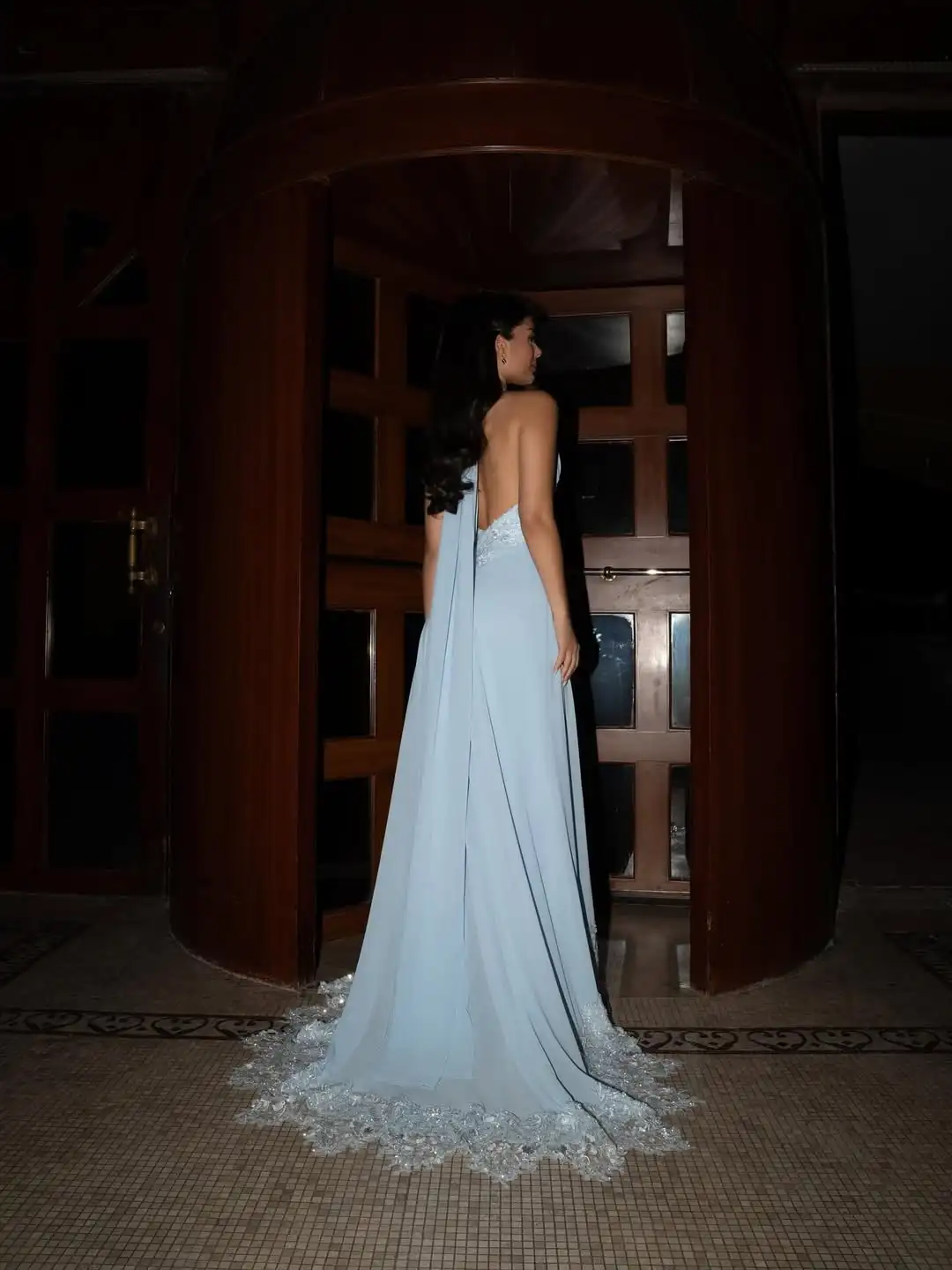 Ofherown مشد مطرز برقبة رسن فستان سهرة على شكل حرف a دانتيل شيفون بدون ظهر فساتين حفلات فيستدوس دي نوش لحفلات الزفاف #5