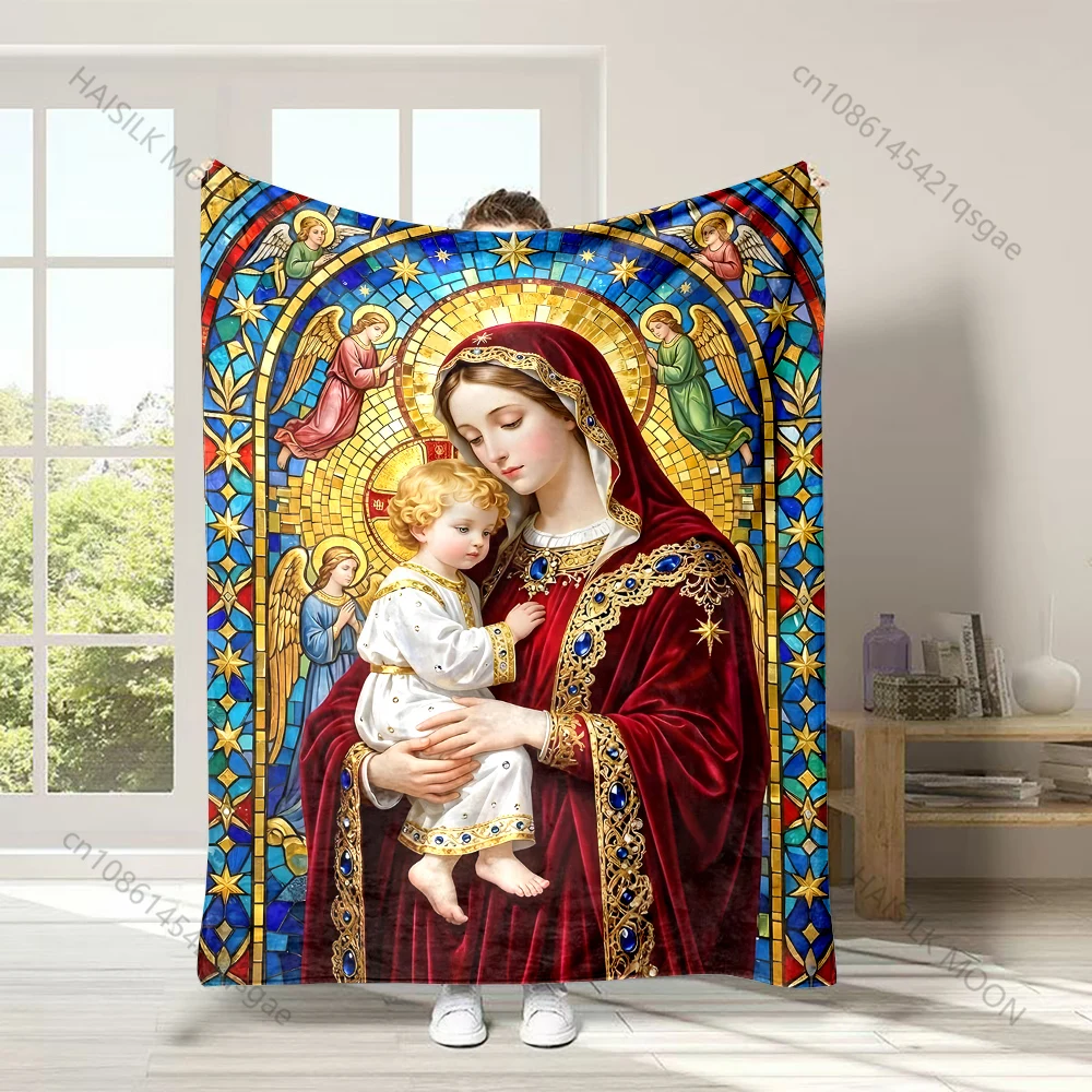 1PC Virgin and Child Stained Glass Faith-printed Flannel Blanket Soft and Warm Suitable for Home Travel Picnics Camping and RV