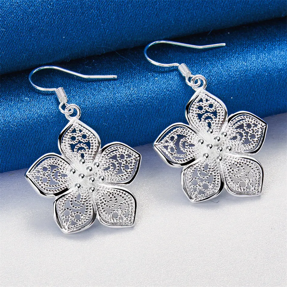 

1 пара изысканных серег-подвесок с цветком из стерлингового серебра 925 пробы для женщин, модные свадебные аксессуары, ювелирные изделия