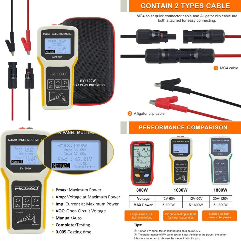 

Тестер солнечных панелей 1600 Вт с ЖК-дисплеем высокой четкости, функциями Smart MPPT и диагностики обрыва цепи