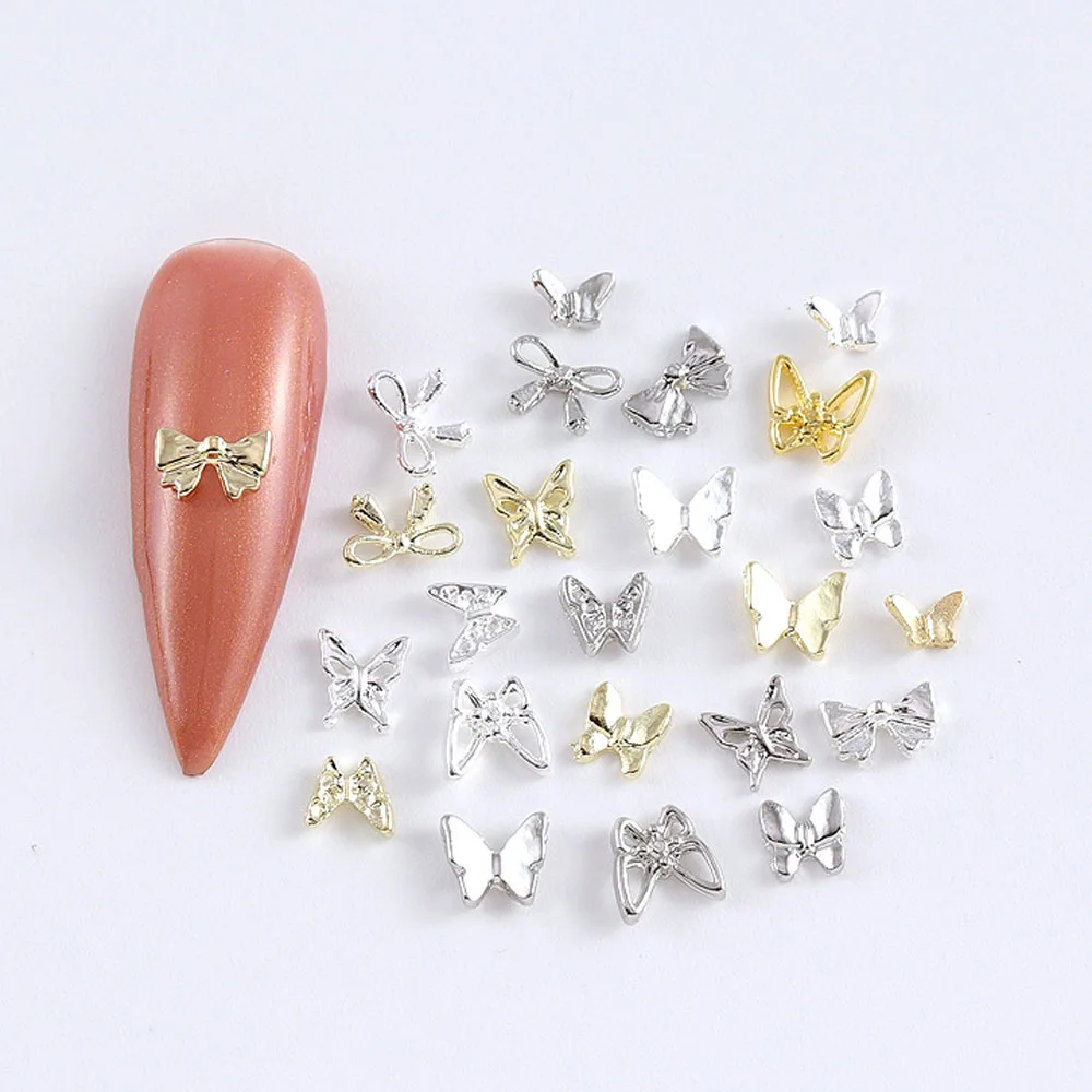 10Pcs/lot 3D Butterfly Gold Silver Nail Charms Alloy Gems Mini Rivets Decoration Manicure Bow Tie Nail Supplies Accessories