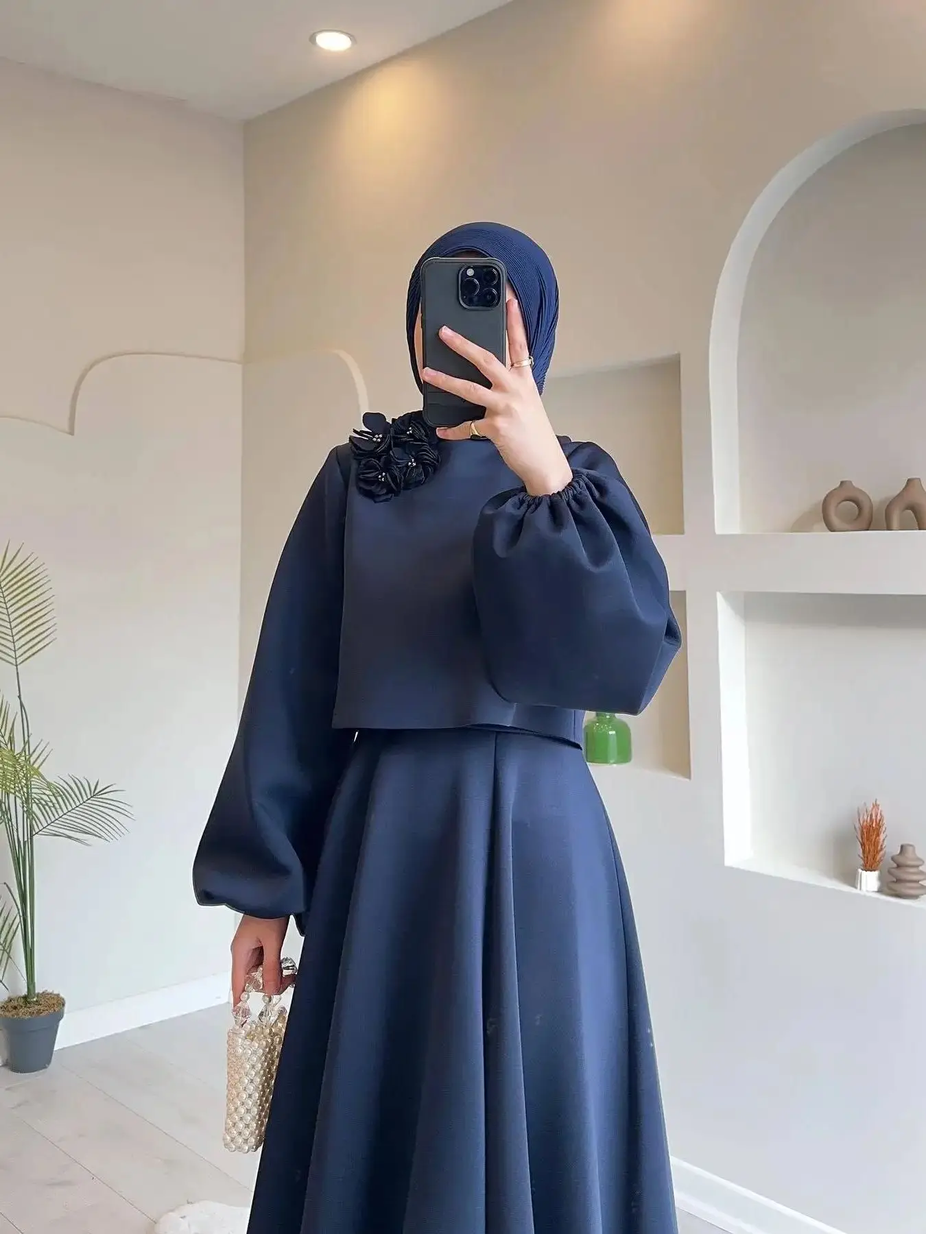 Ramadan Eid Djellaba Elastic Sleeve Suits Abaya Dubai Appliques Two pieces Muslim Sets Abaya Turkey Muslim Islam Abayas WY1939