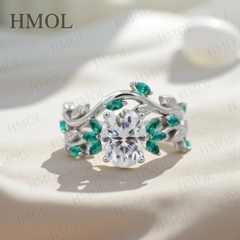 

Custom Ring with Oval Moissanite Accented by Green Marquise Exclusively Designed for Women Suitable as an Engagement Gift