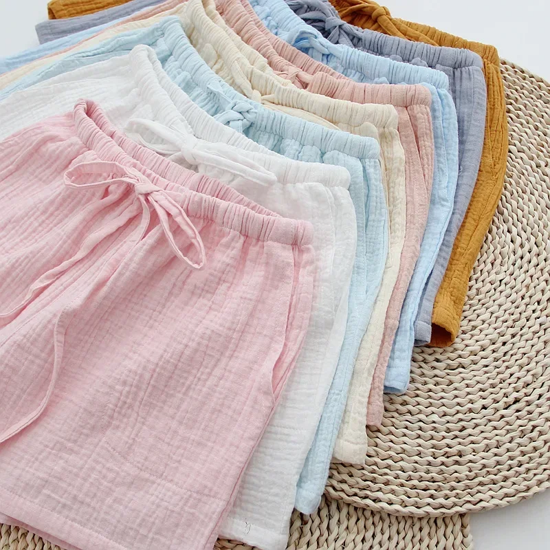 New summer ladies 100% cotton crepe solid color shorts multicolor loose casual home pants women  pajama pants  lounge pants pink