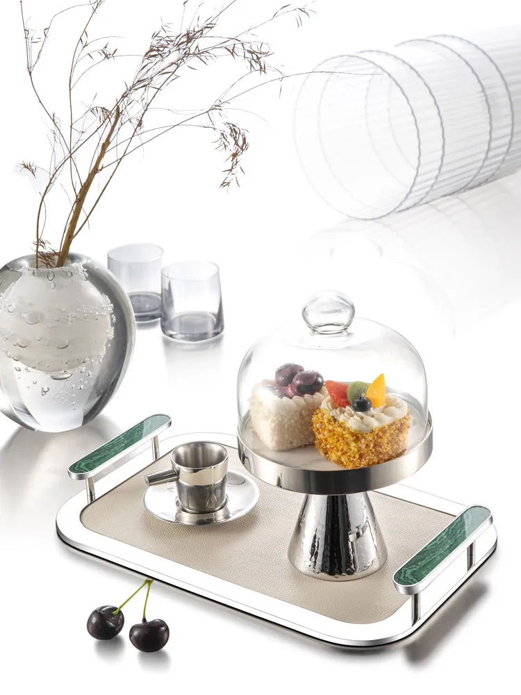 Luxury Rectangular Stainless Steel Inlaid With Marble Handle Leather Tray Atmospheric Living Room Decoration Storage Tray