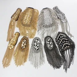 2pc Beaded Crystal Epaulette Clothes Punk Coat Suit DIY Chain Tassel Badge Rhinestones Epaulets Shoulder Patches Appliques