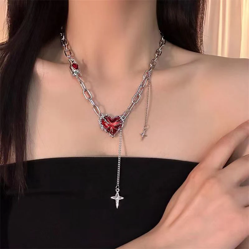 Y2K Dark Love Ghost Claw Chain Necklaces Gothic Irregular Red Heart Necklace Punk Grunge Aesthetic Egirl Branch Heart Necklace