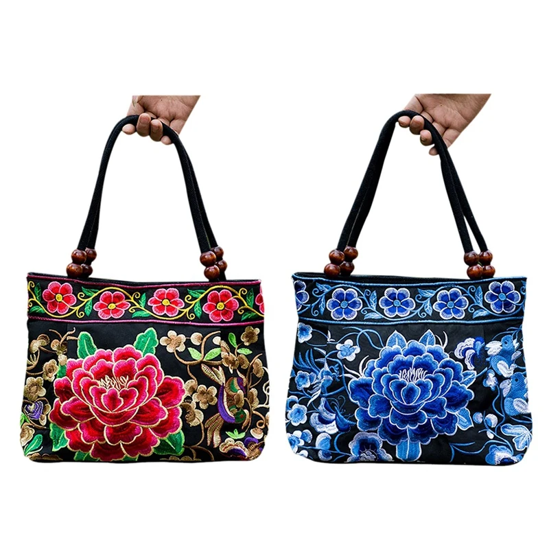 

2PCS Chinese Style Women Handbag Embroidery Ethnic Summer Fashion Handmade Flowers Ladies Tote Shoulder Bags Cross-Body (Red Peo