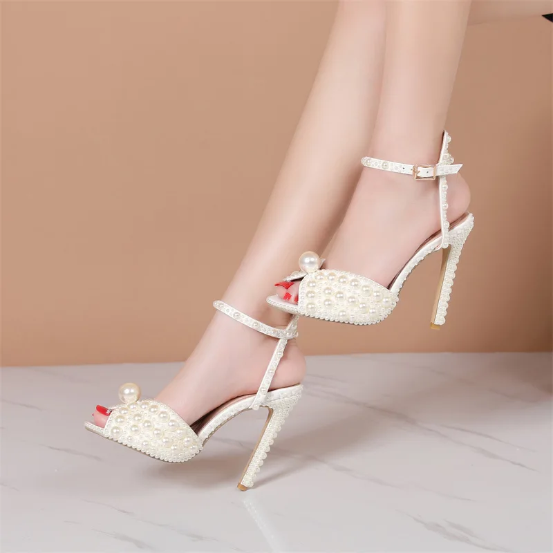 Elegant Large Pearl White Wedding Shoes Women\'s Sandals Fashion Open Toe Heels Luxury Rhinestone Heels Bridal Party Prom Shoes