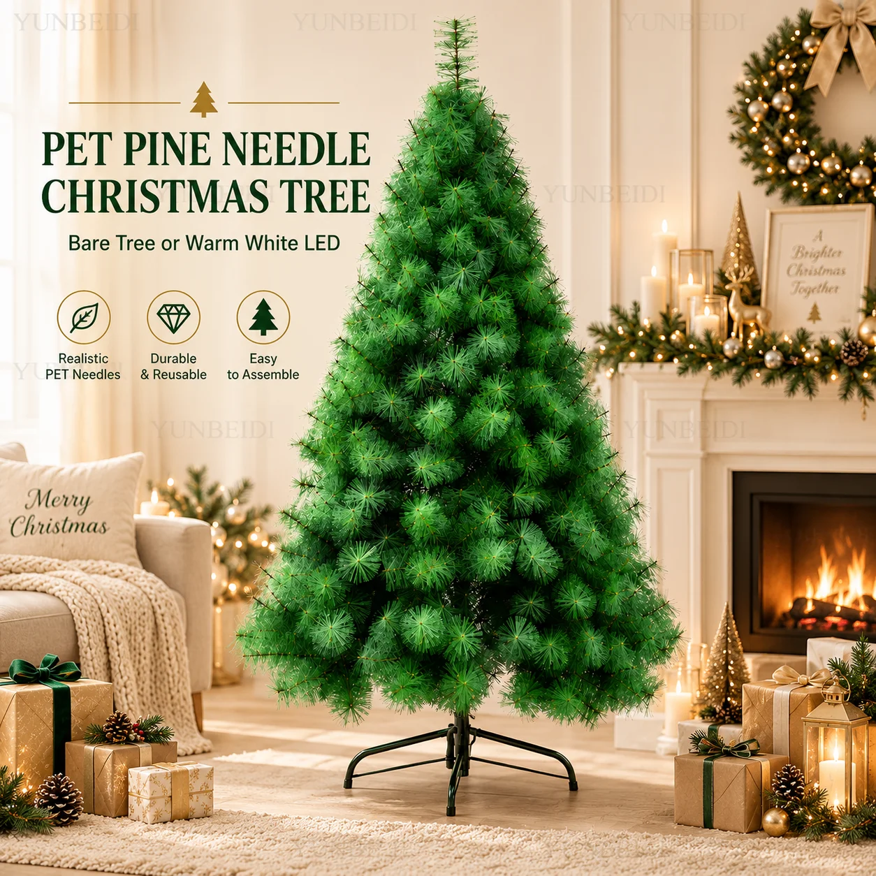 Artificial Christmas Tree PET Pine Needle 90cm-240cm Realistic Green Xmas Tree Optional Warm LED Lights DIY Home Christmas Decor
