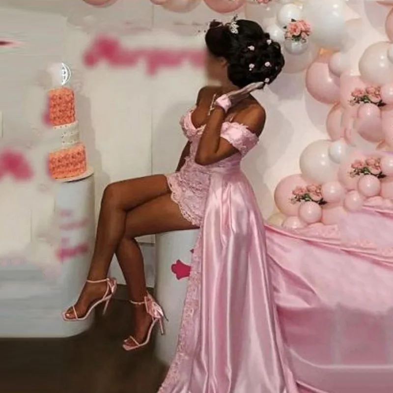 

Pink Party Dress with Gloves Overlay Chic Birthday Cocktail Dresses Applique Off Shoulder Sweetheart Short Prom Gowns