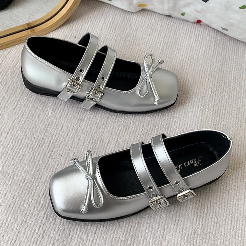 

Silver Bowtie Mary Jane Flats Shoes Women Round Toe Patchwork Plaid Leather Loers Flat Shoe Woman Zapatillas Mujer Bow Square