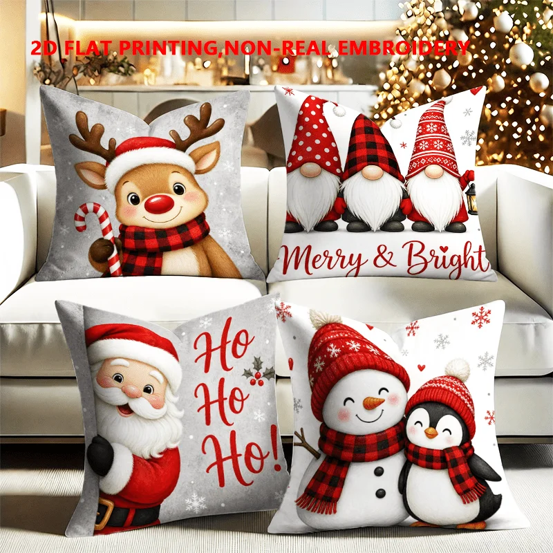 2D FLAT-4pc Christmas Cute Cartoon Throw Pillow Covers Sofa and living room decoration, without pillow core