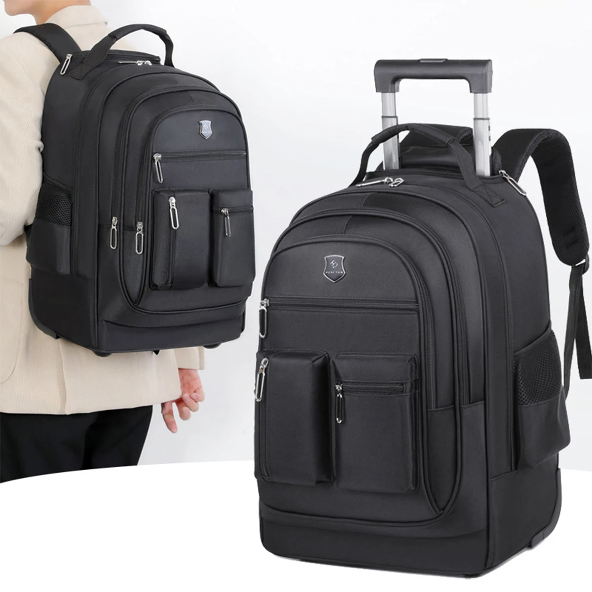 Laptop Accessories Travel Case - キャスター付きバックパック、20インチのノートパソコン用バックパック、キャスター付き旅行用バッグ、大容量、トロリーバッグ、機内持ち込み可能なスーツケース、ビジネス用、コンパクト、ブラック