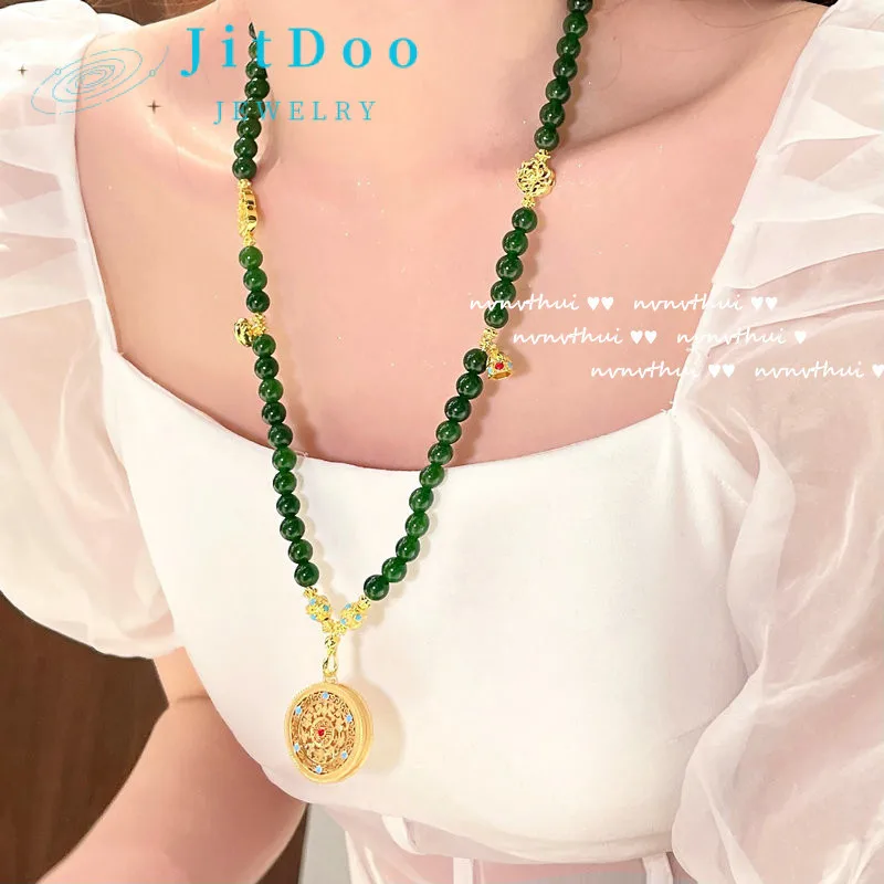 

JitDoo Plated 18k Gold Woven Engraved Disc Zircon Emerald Bead Necklace And Earring Set for Woman Elegant Jewelry Set Party Gift