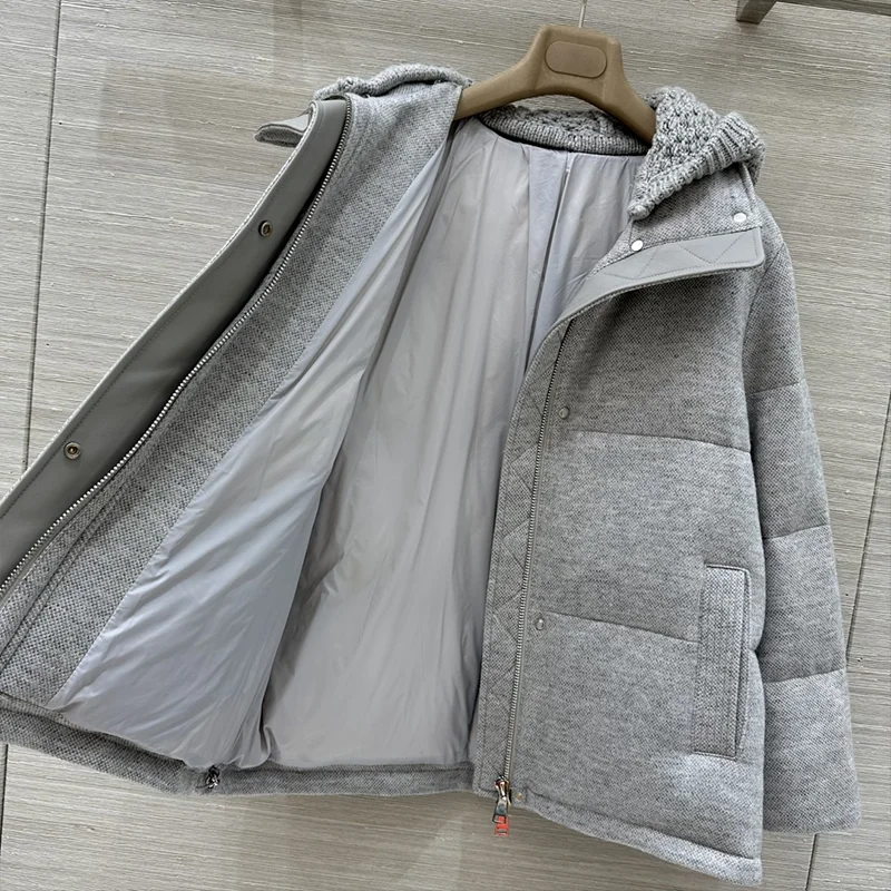 여성용 패치워크 니트 후드가 있는 고품질 모피 및 다운 재킷, 이중 지퍼, 겨울 코트 여성 의류 251218108