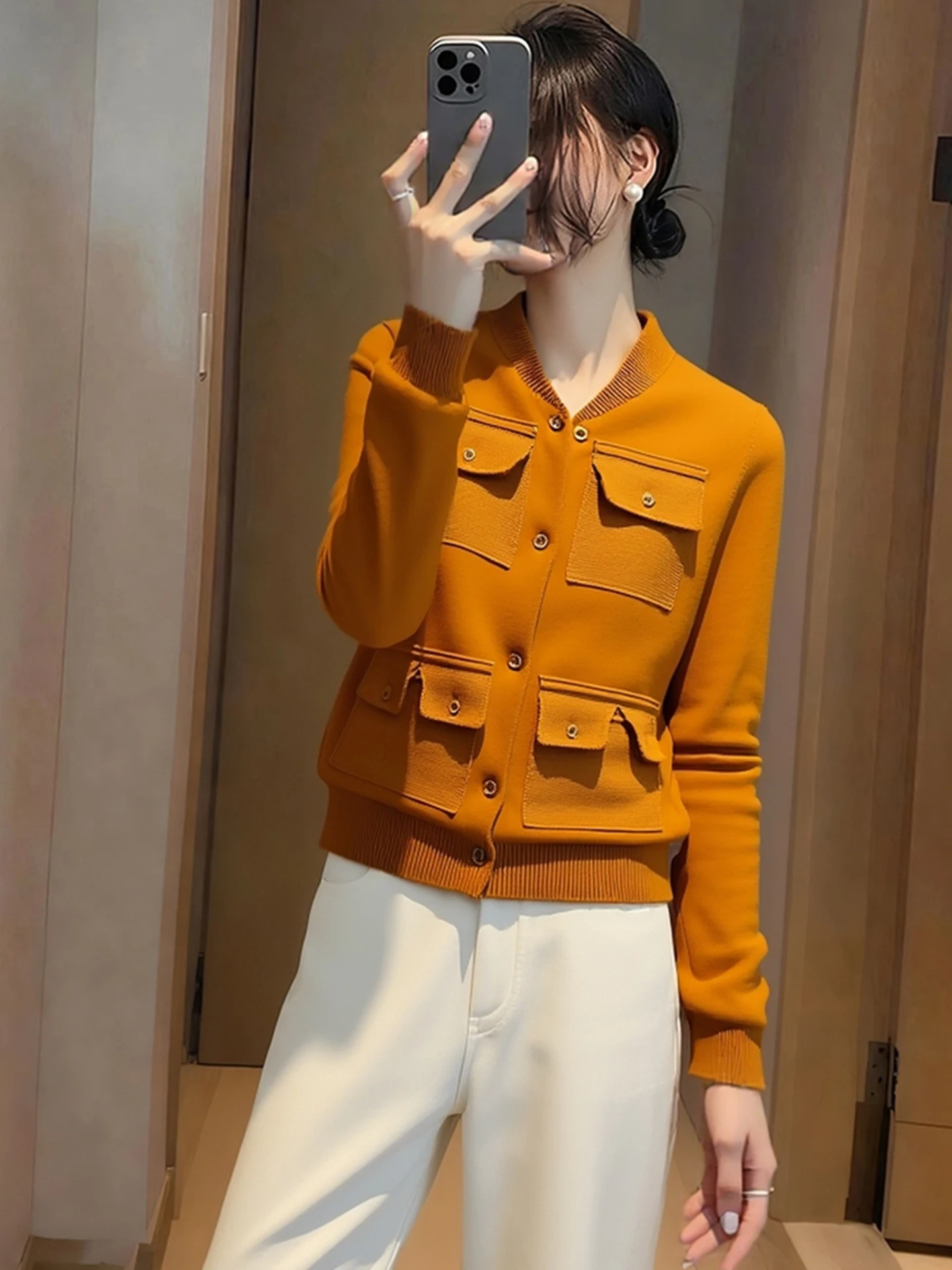 

Autumn Winter Long Sve Knitted Orange Coat for Women Casual Sle Multi ket Open Cardigan Faionable Leisure Top
