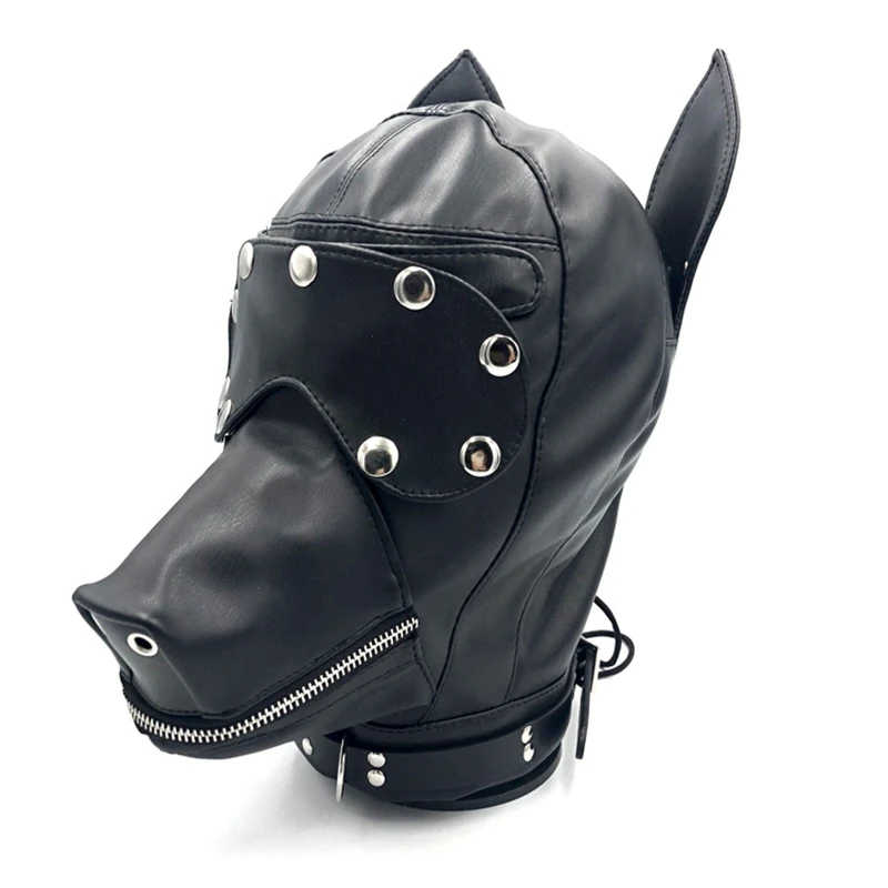 PU Leather Dog Headgear BDSM Bondage Mask Full Head Harness Fetish Blindfold Zipper Sex Slave Head Hood Sex Toys For Couples