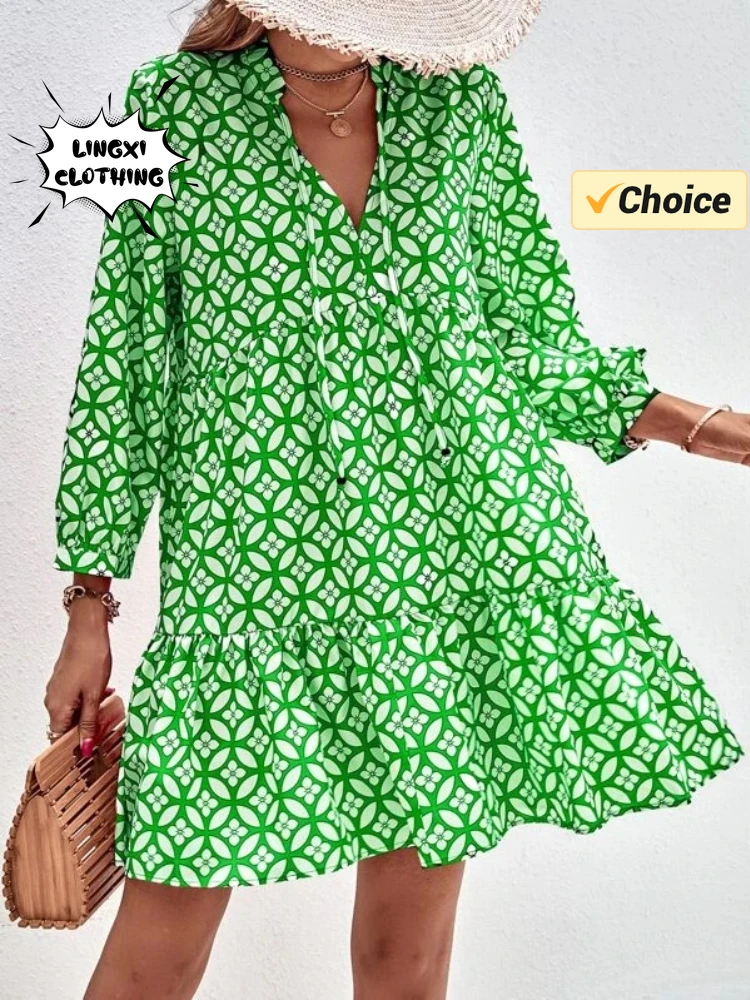 Letnia moda Nowa elegancka sukienka z nadrukiem Seksowny styl plażowy Temperament Krótki dekolt w szpic Długość do kolan Sukienka w stylu wakacyjnym