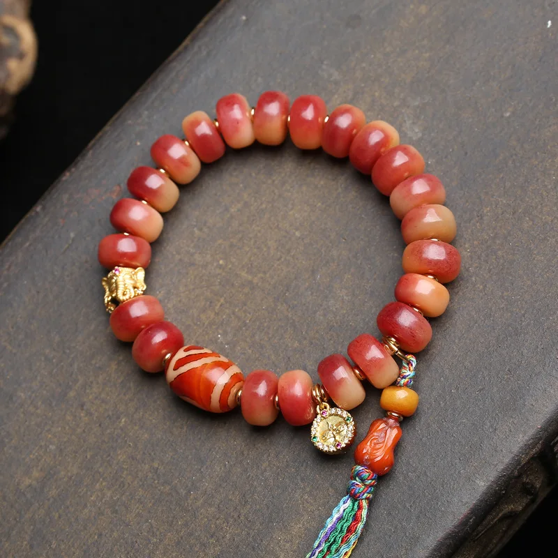 Natural Bloody Camel Bone Plate Pearl Script Play Bracelet Single Circle Tibetan Root Clown South Red Agate Bracelet