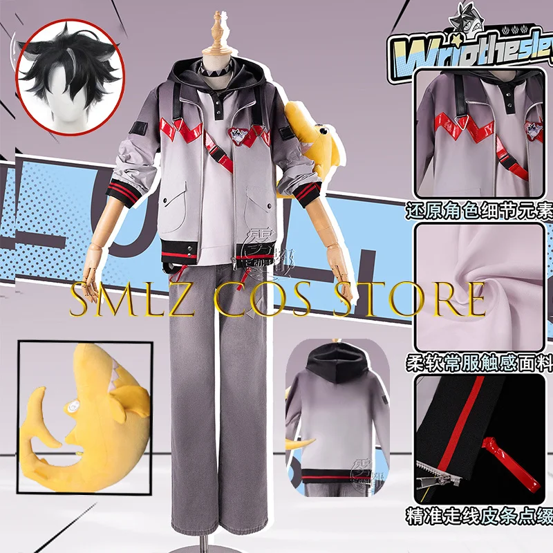 Disfraz de Klee de Genshin Impact para hombre, modelo 2026 Shark Wriothesley, con abrigo gris, uniforme, accesorios, peluca y traje para fiesta de Halloween