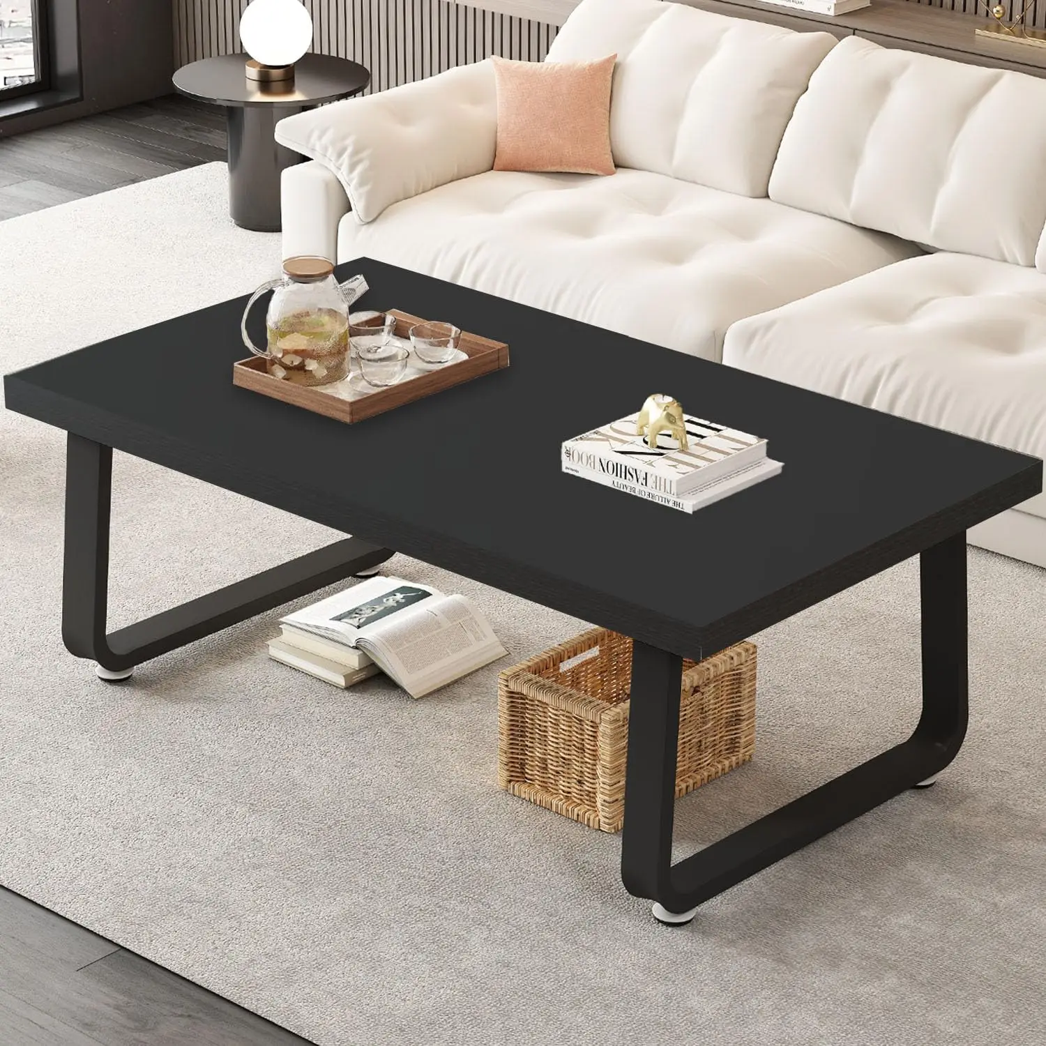 

Modern Black Coffee Table, Rustic Wood & Metal Design, 39 Inch Farmhouse Living Room Center Table for Home Office