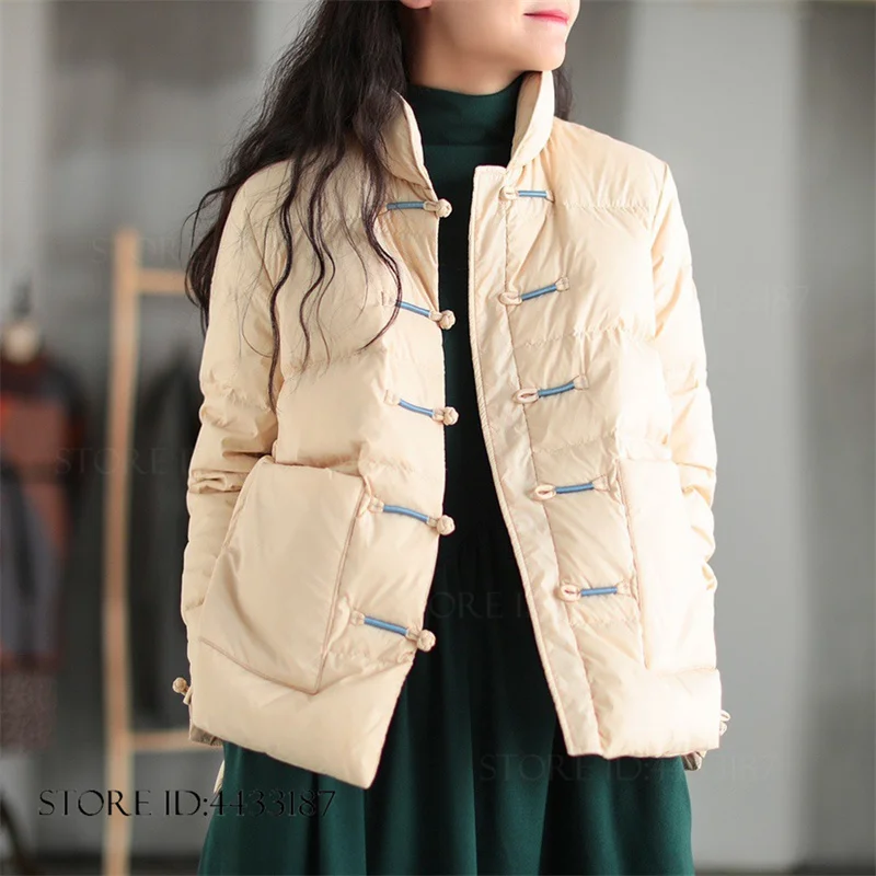 Winter Warm Lightweight Parka Windproof Outerwear Women's Down Jacket Retro Frog Button Puffer Jacket New Chinese Style Coat