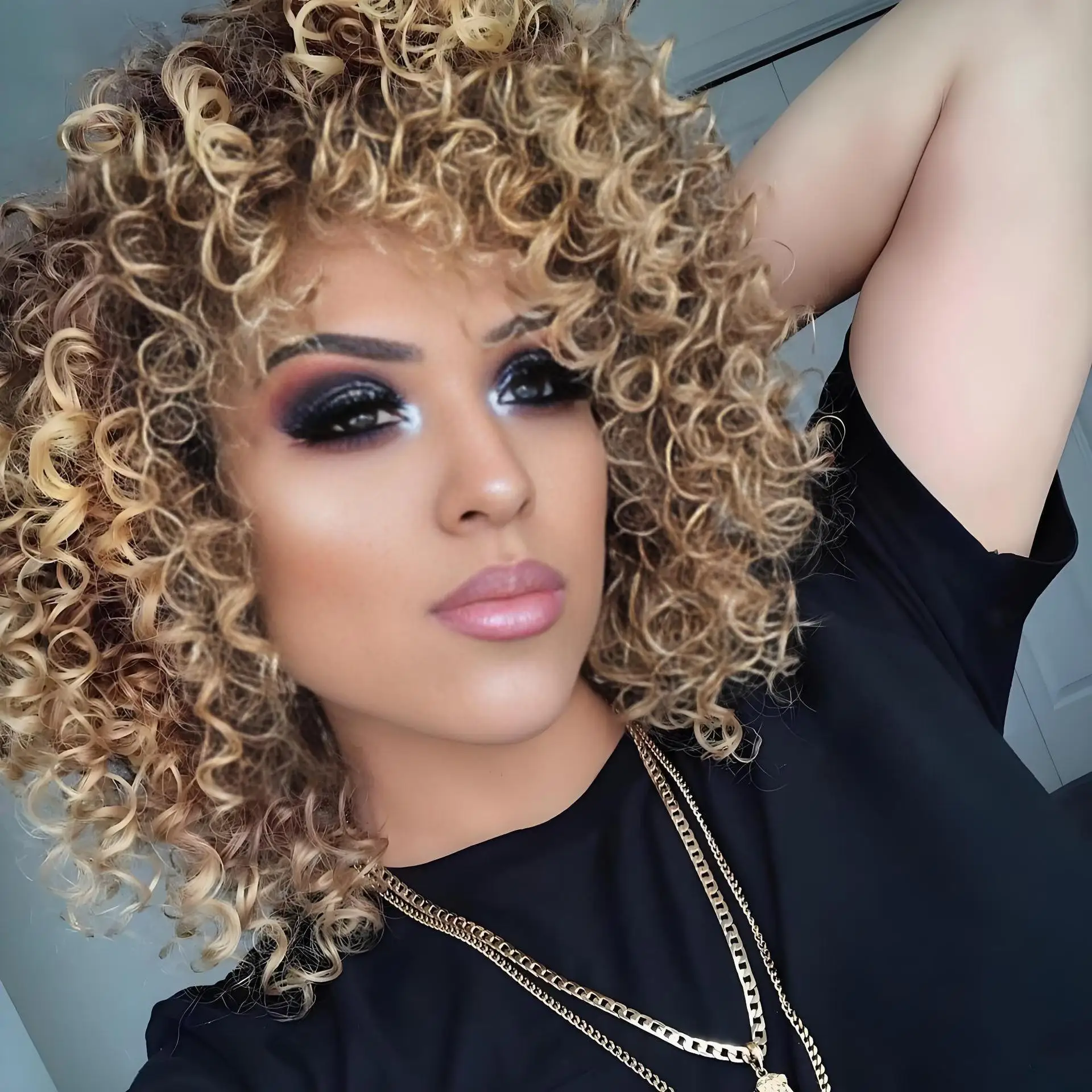 

European and American Amazon short hair African wigs hairpieces synthetic fiber small curls light brown full headpiece