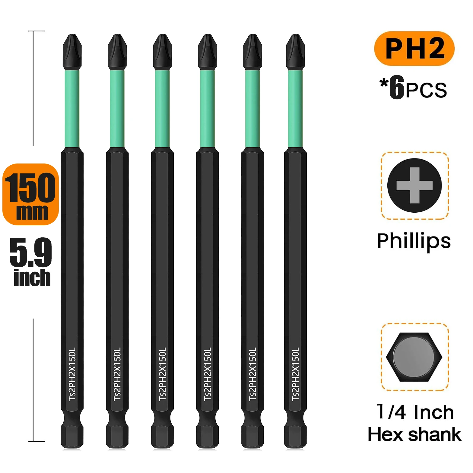 

6Pcs 150mm 1/4 Inch Hex Shank Impact Tough Phillips PH2 Power S2 Steel Magnetic Anti Slip Cross Bits for Power Screwdriver