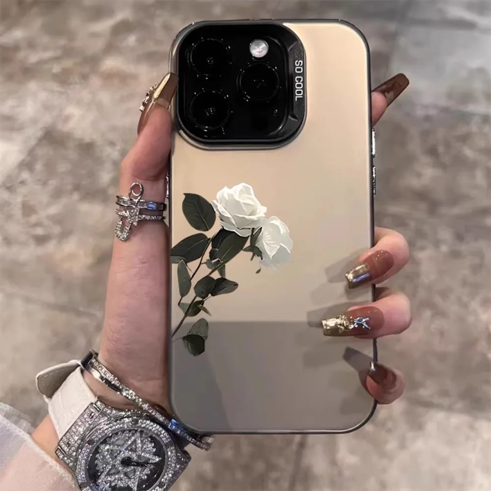 

White rose phone case for iPhone 16 15 14 13 12 11 Pro/ Max/Plus shock-proof rear cover anti-fingerprint