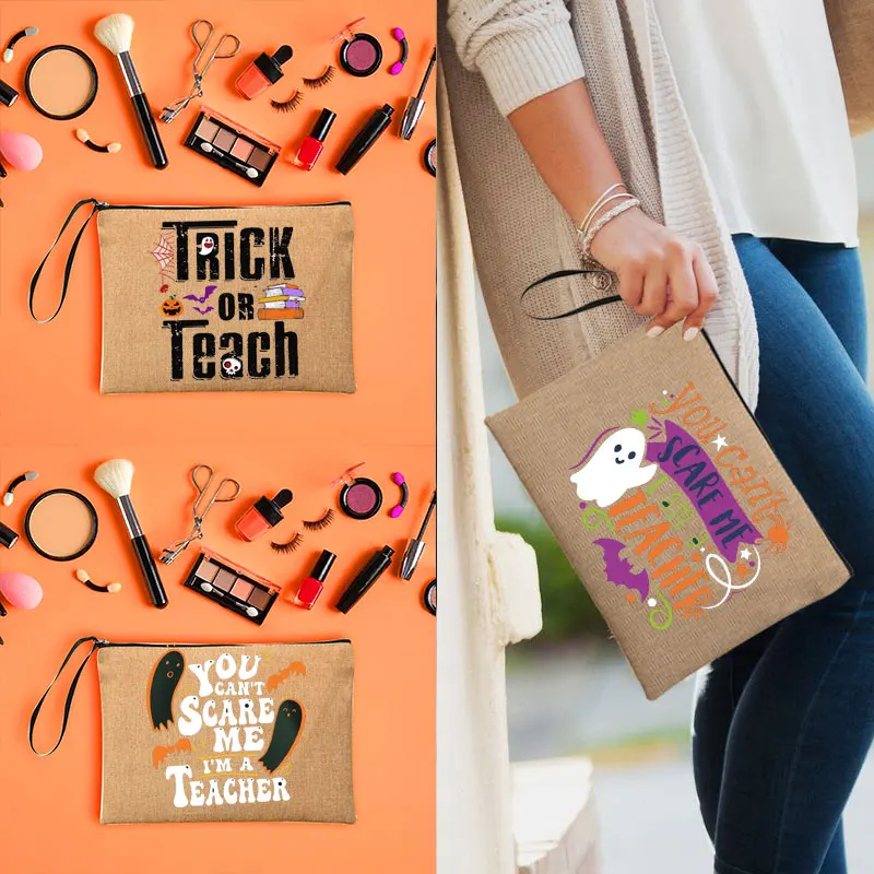 Bolsa de cosméticos de Halloween para profesores, Neceser de Maquillaje de Halloween, regalo para profesores, organizador de viaje, Neceser, estuche para lápices