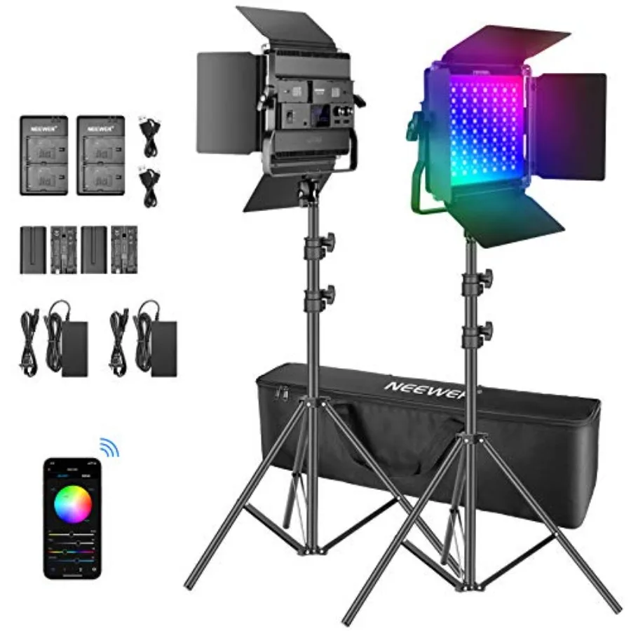 

【Новая модель】2 комплекта светодиодных видеосветильников P200 RGB с батарейным питанием и управлением через приложение - CRI97+ 360 ° Полноцветная RGB-подсветка: 9 предустановленных сценариев
