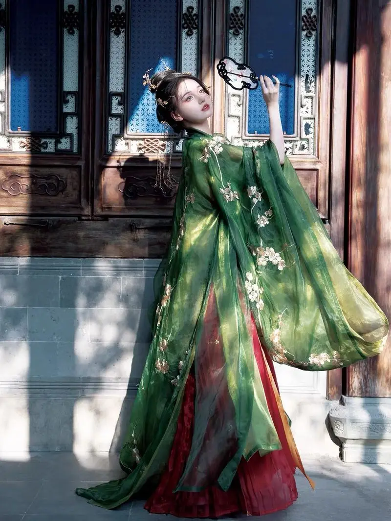 Vestido Hanfu chino de la dinastía Tang para mujer adulta, conjunto de falda de manga grande bordada con palacio antiguo, color verde, 4 piezas