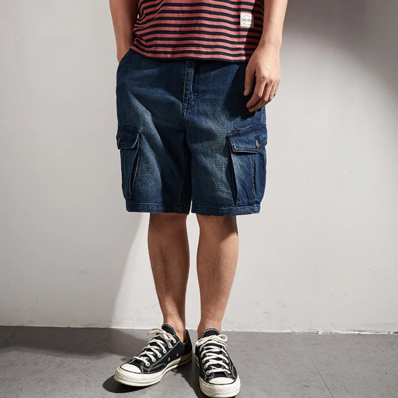 Summer retro casual pants for old tooling denim shorts men's loose versatile five-point pants