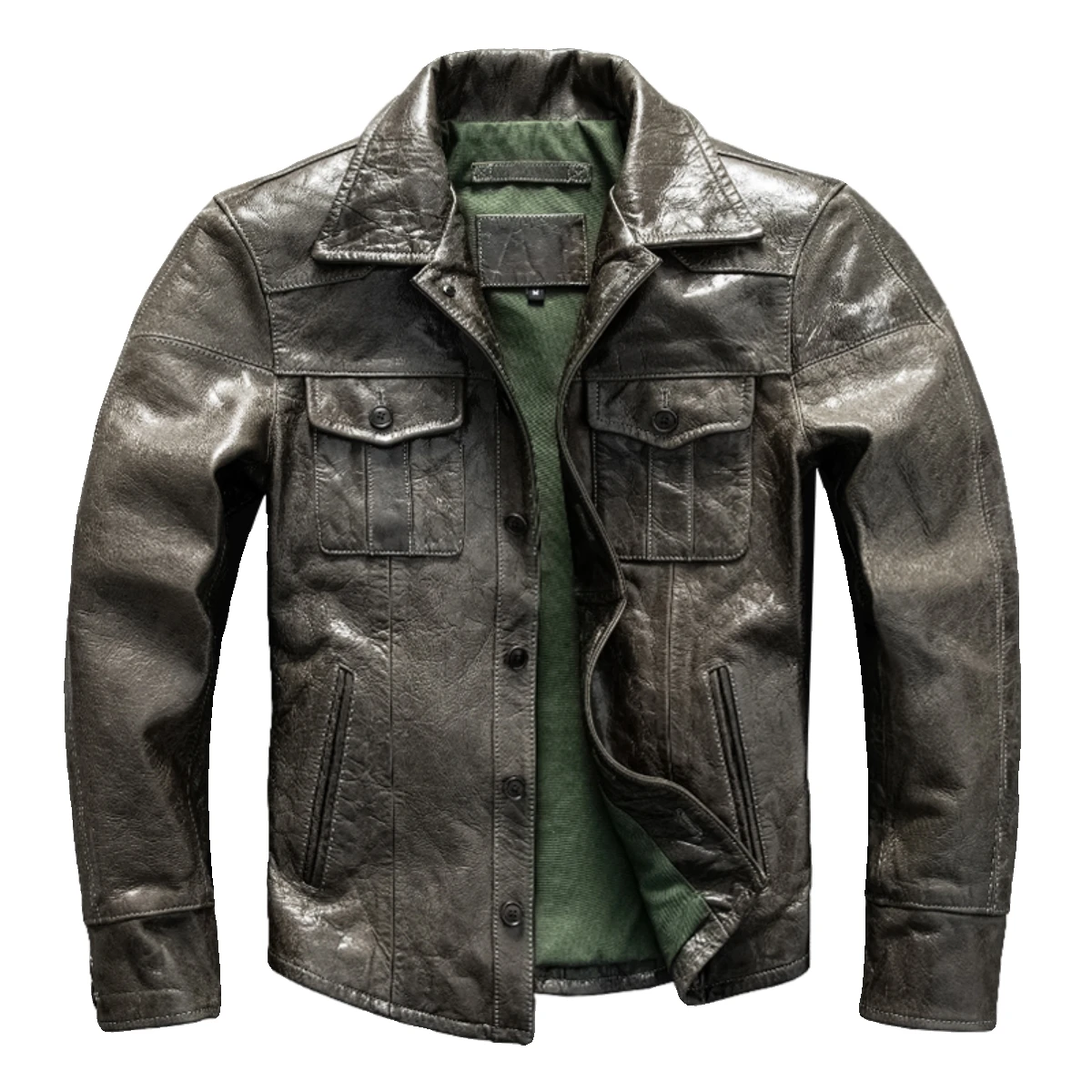 Olive Green Spring Leather Shirt Men Japan Casual Style Natural Sheepskin Slim Fit Genuine Leather Coat